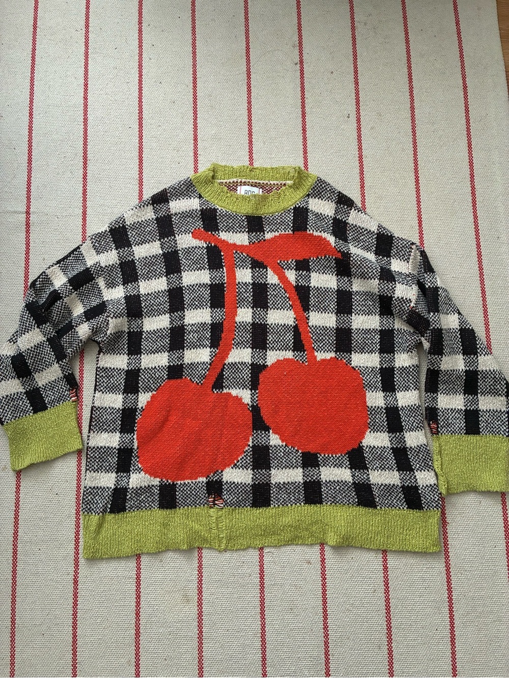 BDG Black & White Oversize Checkered Sweater with Red Cherry Motif and Lime Trim